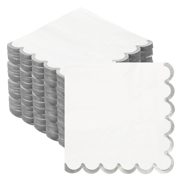 Uxcell 200 Pcs Scalloped Cocktail Napkins with Gold Foil Edges, 5 x 5 Inch Disposable Scalloped Paper Napkins for Wedding Engagement Anniversary Party Tableware Decorations, White Silver