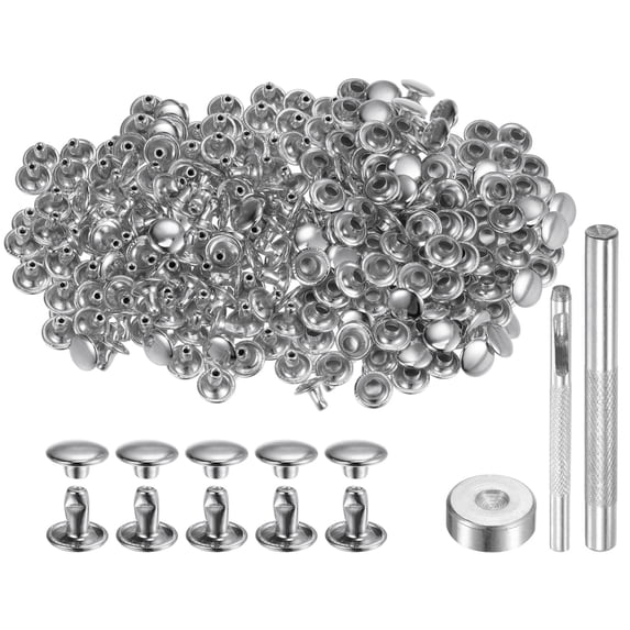 Uxcell 200 Sets Leather Rivets 8mm x 6mm Metal with 3 Setter Tools for Craft, Silver Tone