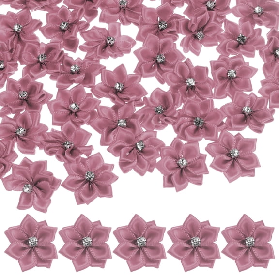 Uxcell 200-pack Satin Ribbon Flowers, 1.2 Inch Mini Fabric Flowers with Rhinestones for Crafts and DIY Projects Bean Paste Pink