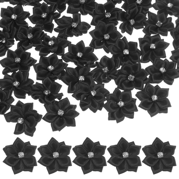 Uxcell 200-pack Satin Ribbon Flowers, 1.2 Inch Mini Fabric Flowers with Rhinestones for Crafts and DIY Projects Black