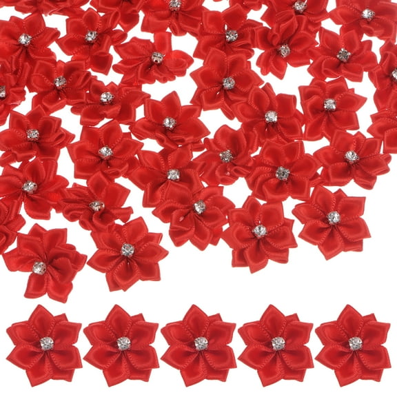 Uxcell 200-pack Satin Ribbon Flowers, 1.2 Inch Mini Fabric Flowers with Rhinestones for Crafts and DIY Projects Bright Red