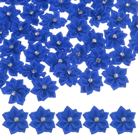 Uxcell 200-pack Satin Ribbon Flowers, 1.2 Inch Mini Fabric Flowers with Rhinestones for Crafts and DIY Projects Dark Blue