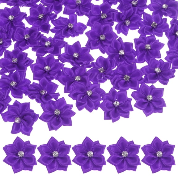 Uxcell 200-pack Satin Ribbon Flowers, 1.2 Inch Mini Fabric Flowers with Rhinestones for Crafts and DIY Projects Dark Purple