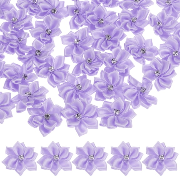 Uxcell 200-pack Satin Ribbon Flowers, 1.2 Inch Mini Fabric Flowers with Rhinestones for Crafts and DIY Projects Light Purple
