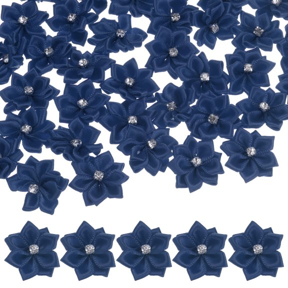 Uxcell 200-pack Satin Ribbon Flowers, 1.2 Inch Mini Fabric Flowers with Rhinestones for Crafts and DIY Projects Navy Blue