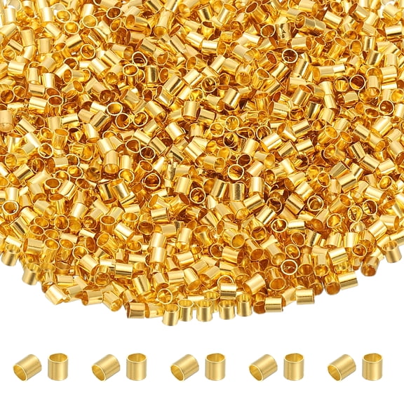 Uxcell 2000 Pcs Tube Crimp Beads, 2x2mm Copper Crimp Beads End Stopper Beads Tiny Loose Spacer Beads for Earrings Necklaces Bracelets Pendant DIY Crafts, Gold