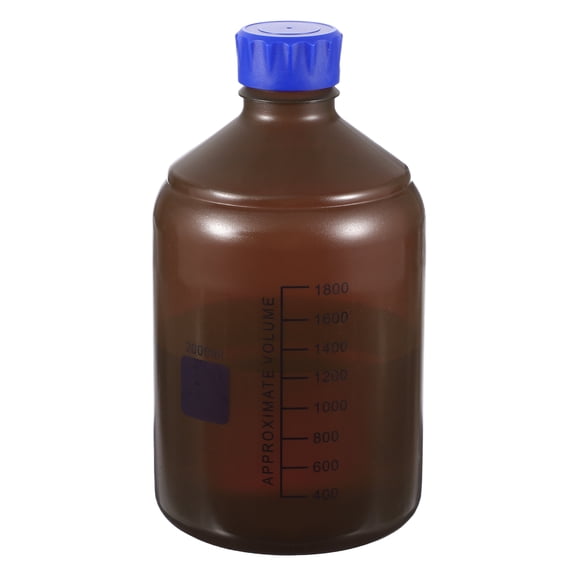 Uxcell 2000ml Thickened Media Storage Bottles,1 Pcs PP Plastic Graduated Bottle with Blue Screw Cap for Lab Water Reagent Liquids, Brown(Round)