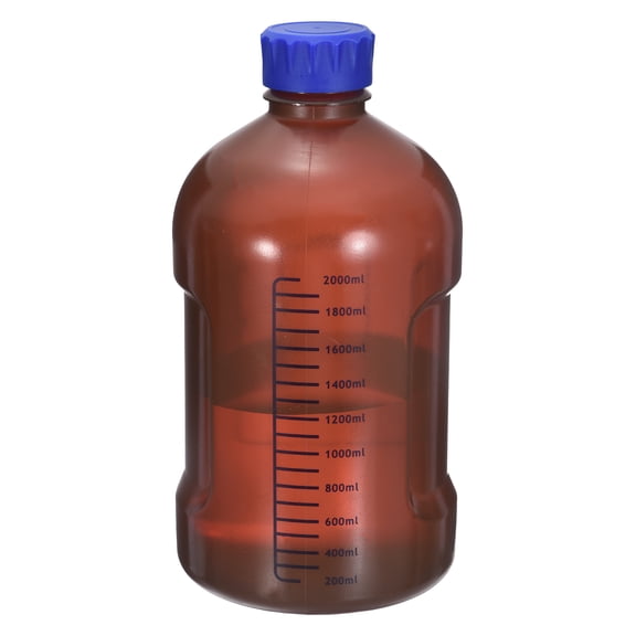 Uxcell 2000ml Thickened Media Storage Bottles, PP Plastic Graduated Reagent Bottle with Blue Screw Cap Leakproof for Lab Water Reagent Liquids, Brown(Round)