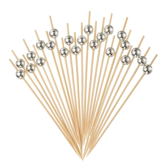 Uxcell 200Pcs Cocktail Picks Pearl Bamboo Toothpicks for Drinks Food Fruit, Silver Tone