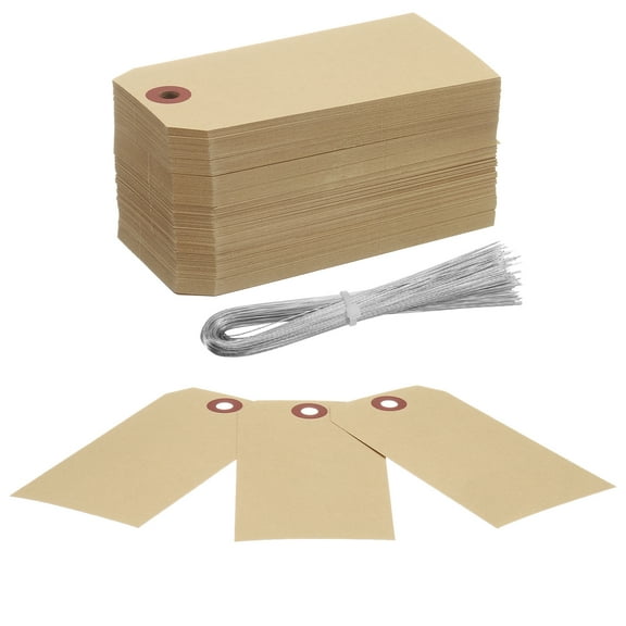 Uxcell 200Pcs Hang Tags, Tags with Wire String Paper Blank Labeling Tags Writable Making Tags for Luggage Clothes Wine Bottle(4.76" x 2.36", Kraft)