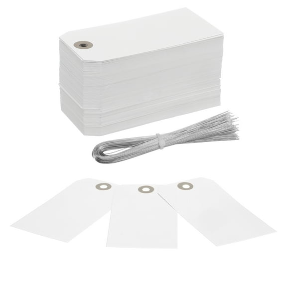 Uxcell 200Pcs Hang Tags, Tags with Wire String Paper Blank Labeling Tags Writable Making Tags for Luggage Clothes Wine Bottle(4.76" x 2.36", White)
