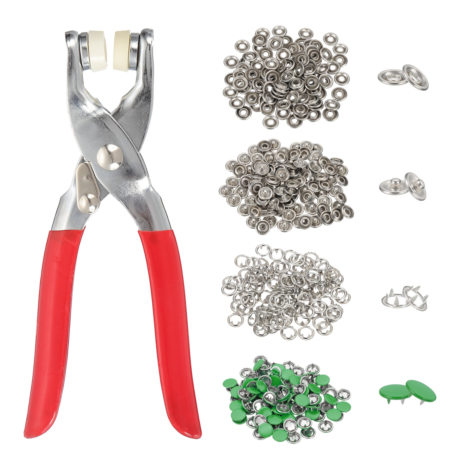 Uxcell 200Set Metal Snap Button Kit 10mm Solid Prong Snap Buttons with Fastener Pliers for Sewing Fabric Leather Clothing Rain Coat Diapers Bibs Crafting, Green