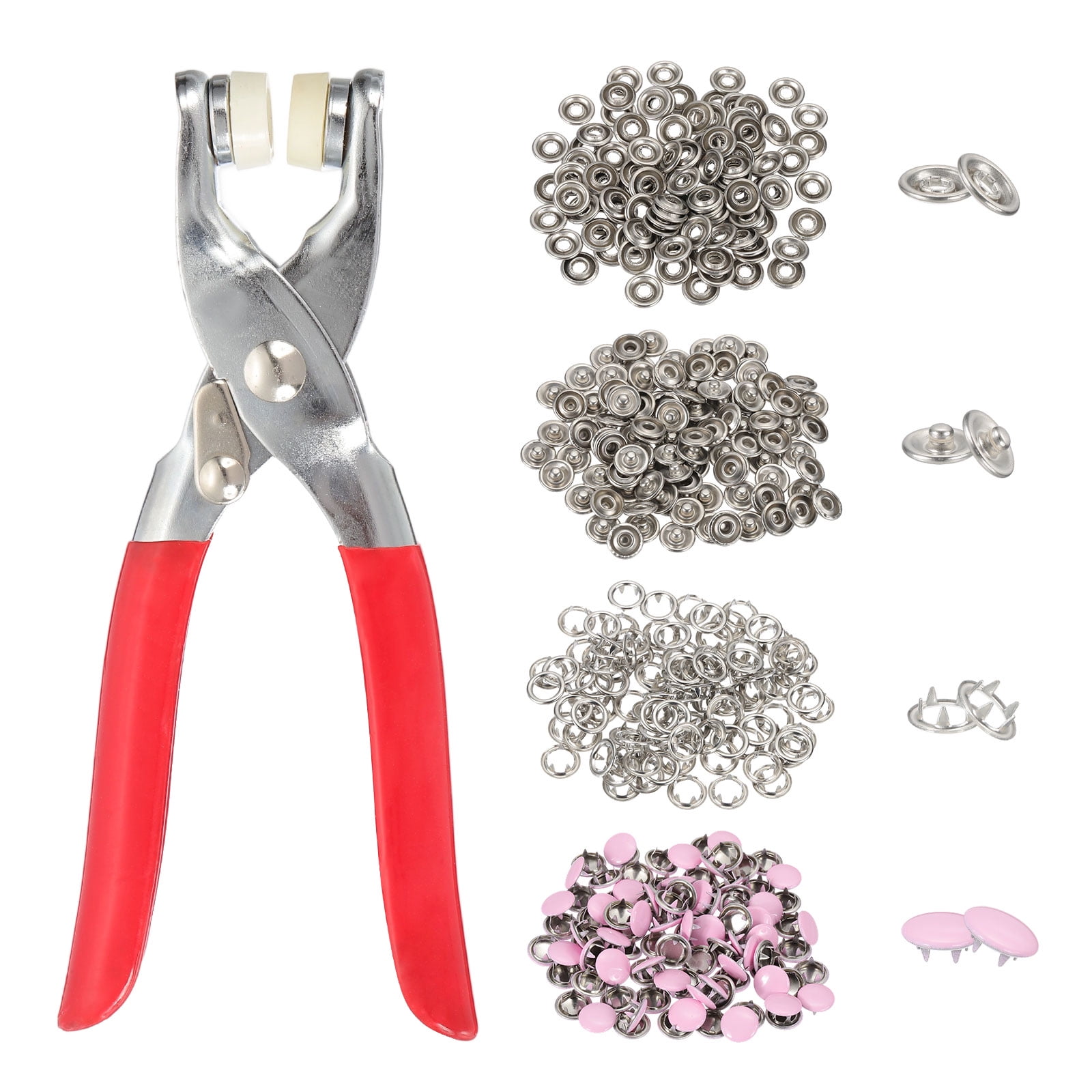 Uxcell 200Set Metal Snap Button Kit 10mm Solid Prong Snap Buttons with Fastener Pliers for Sewing Fabric Leather Clothing Rain Coat Diapers Bibs Crafting, Pink