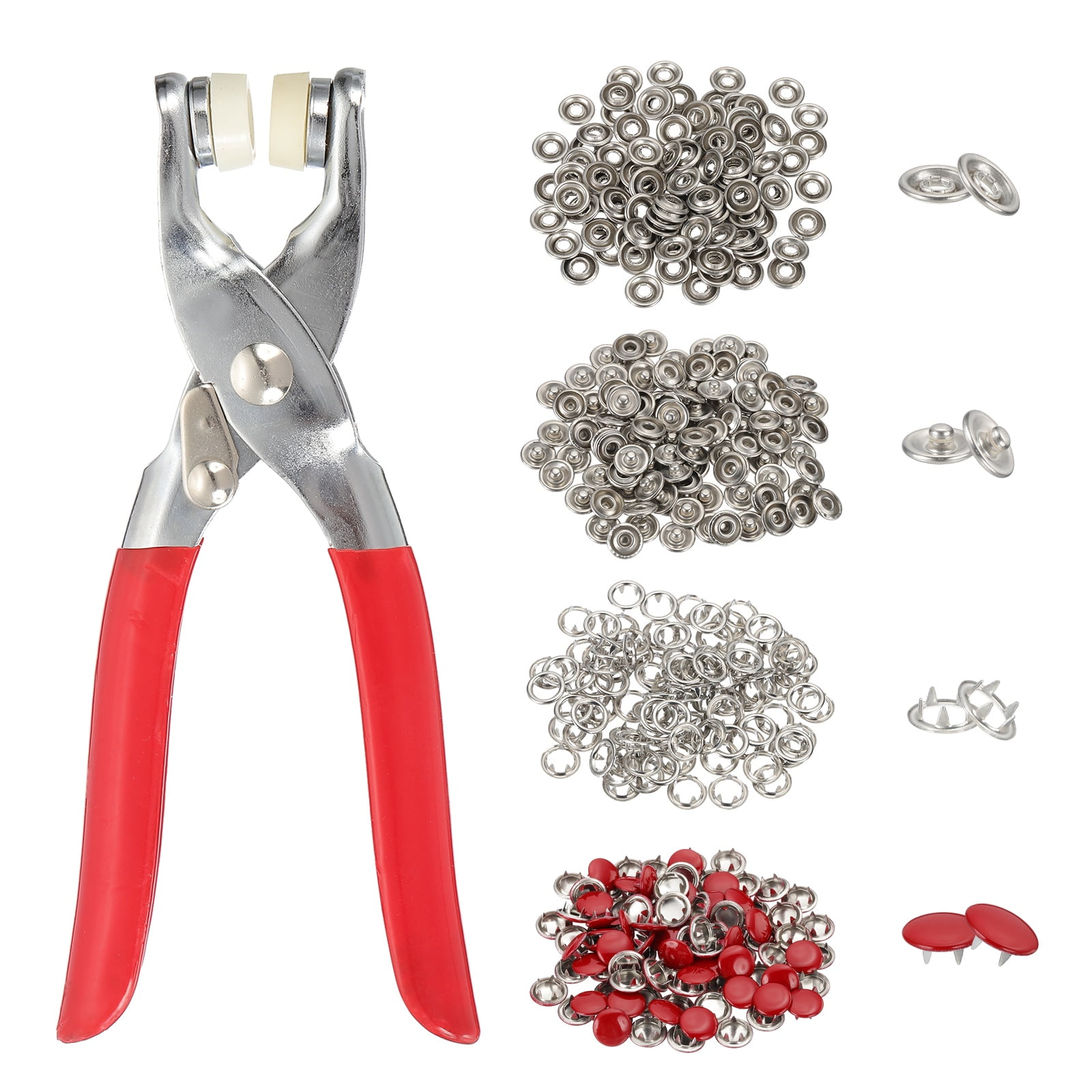 Uxcell 200Set Metal Snap Button Kit 10mm Solid Prong Snap Buttons with Fastener Pliers for Sewing Fabric Leather Clothing Rain Coat Diapers Bibs Crafting, Red