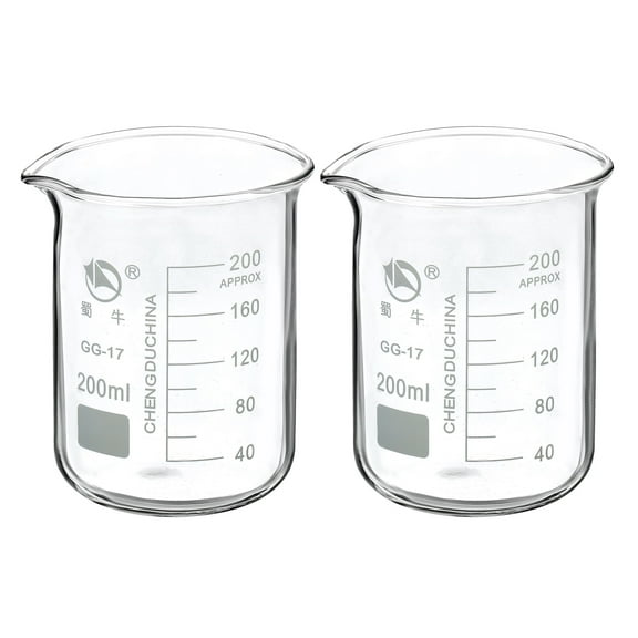 Uxcell 200ml Low Form Glass Beaker 3.3 Borosilicate Graduated Lab Measuring Cups 2 Pack