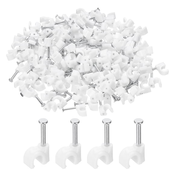 Uxcell 200pcs Cable Clips 4mm Half Clamp J-Hook with Nail Circular Single Nail in Cable Wire Clips on Wall for RG6 RG59 CAT6 RJ45 Ethernet Tacks Coax Pex Tubing Pipe Support, White