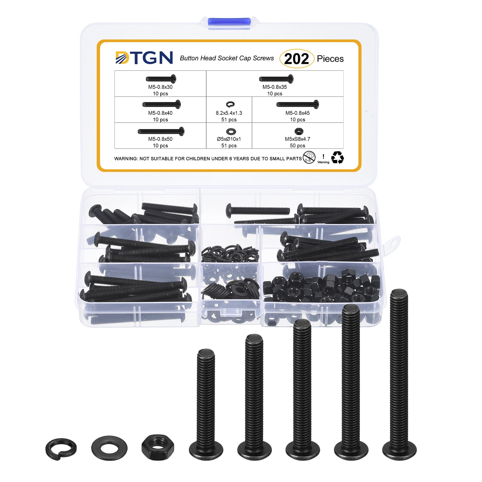 Uxcell 202Pack M5-0.8x30/35/40/45/50mm Button Head Socket Cap Screws - Carbon Steel Bolt Nut Set Washer Assortment Kit - Good for Road Bicycle, Mountain Bike, Auto