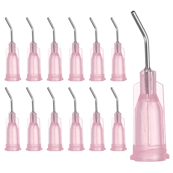 Uxcell 20Ga Angled Dispensing Needles, 25Pcs 0.5Inch 45 Curved Industrial Blunt Tip Dispensing Needle Tips with Luer Lock Needle for Refilling Liquid Inks Adhesive Glue Oil, Pink