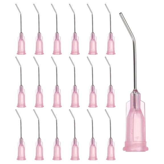 Uxcell 20Ga Angled Dispensing Needles, 66Pcs 1Inch 45 Curved Industrial Blunt Tip Dispensing Needle Tips with Luer Lock Needle for Refilling Liquid Inks Adhesive Glue Oil, Pink