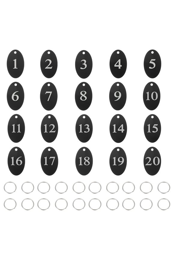 20PCS Number Tags 1-20, Number Key Tags Aluminum Numbered Keychain Metal Oval with Key Rings for Organizer Field Sales Hangers Clothes Labels ID, Black