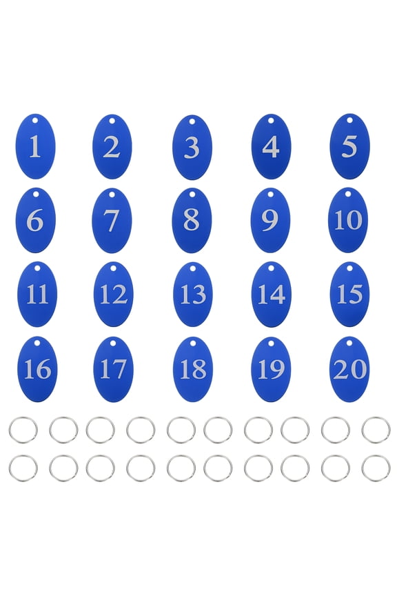 20PCS Number Tags 1-20, Number Key Tags Aluminum Numbered Keychain Metal Oval with Key Rings for Organizer Field Sales Hangers Clothes Labels ID, Blue