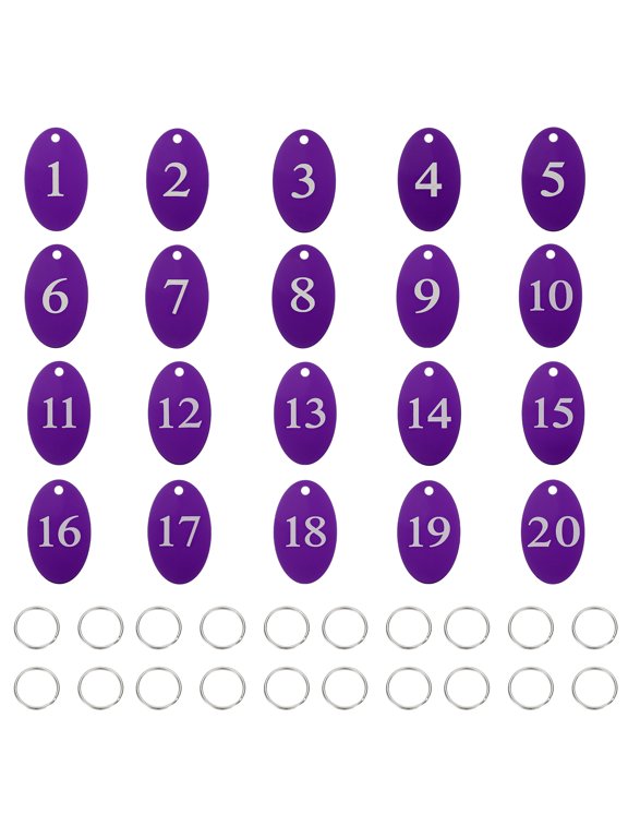 20PCS Number Tags 1-20, Number Key Tags Aluminum Numbered Keychain Metal Oval with Key Rings for Organizer Field Sales Hangers Clothes Labels ID, Purple