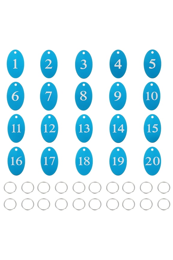 20PCS Number Tags 1-20, Number Key Tags Aluminum Numbered Keychain Metal Oval with Key Rings for Organizer Field Sales Hangers Clothes Labels ID, Sky Blue