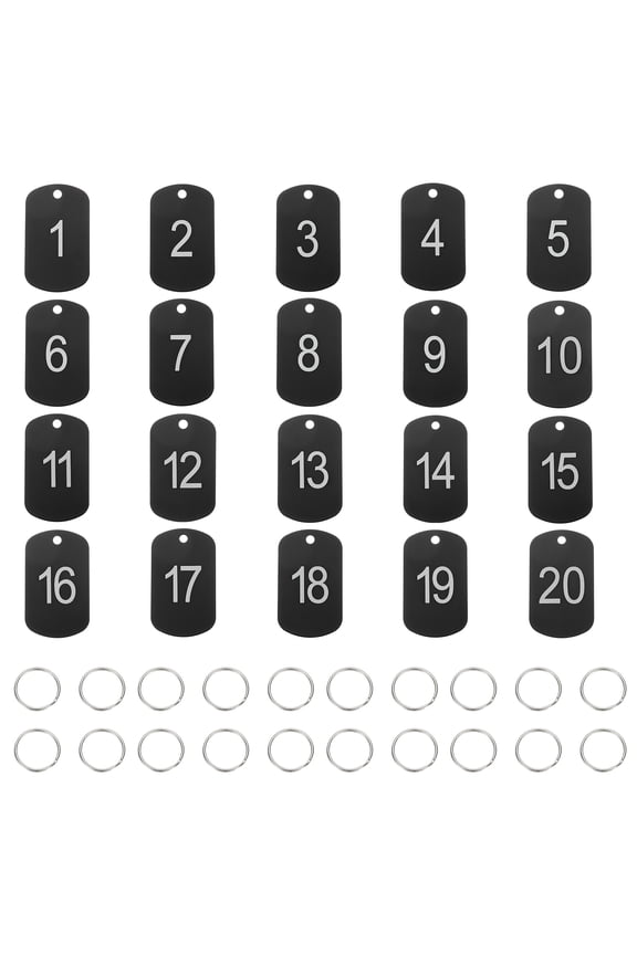 20PCS Number Tags 1-20, Number Key Tags Aluminum Numbered Keychain Metal Rectangle with Key Rings for Organizer Field Sales Hangers Clothes Labels ID, Black
