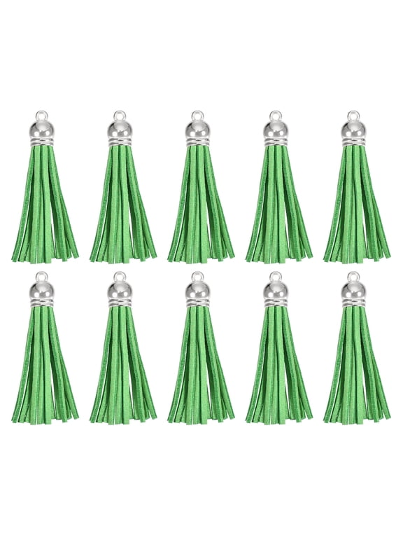 20Pack 2.2" Leather Tassels Keychain Charm with Silver Cap for DIY, Dark Green