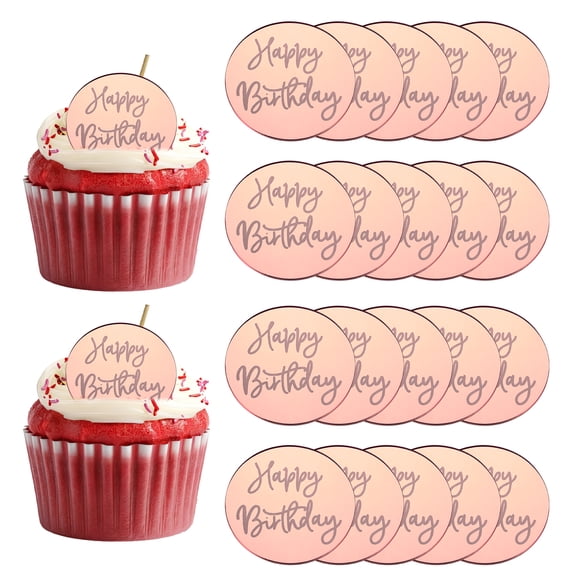 Uxcell 20Pcs Acrylic Mirror Cake Toppers, Happy Birthday Cupcake Toppers Round Shapes Laser Picks Dessert Decorations for Celebrating Party Wedding Shower, 002-Rose Gold