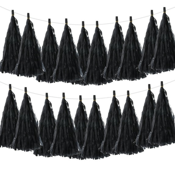Uxcell 20Pcs Black Tassel Garland Banner w Rope for Wedding Birthday Party Decoration