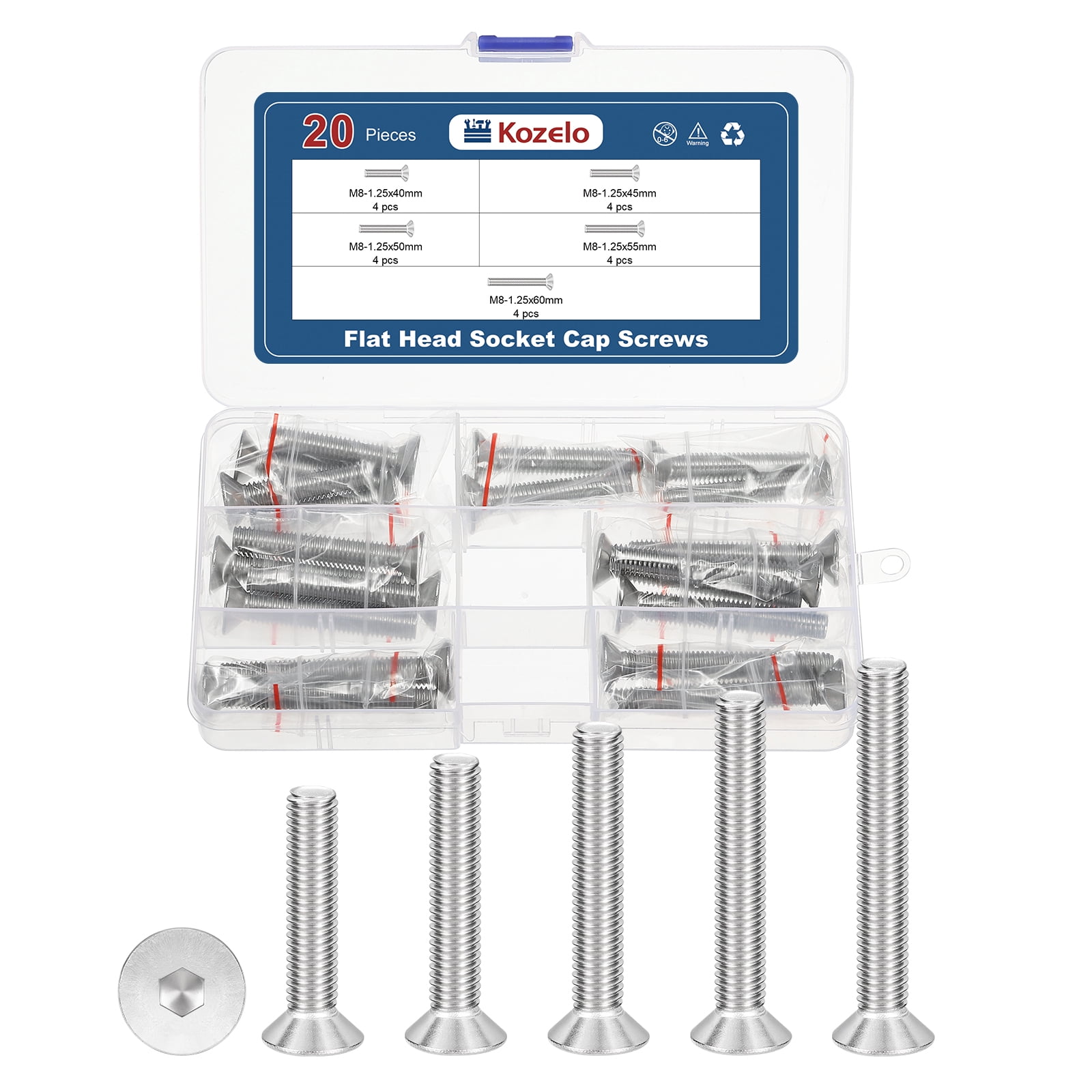 Uxcell 20Pcs Flat Socket Cap Screws - [M8x1.25x40/45/50/55/60], 304 Stainless Steel 18-8 Countersunk Bolt, Silver, for Automotive, Furniture Repair, Industrial Equipment Fixes