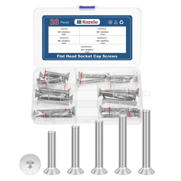 Uxcell 20Pcs Flat Socket Cap Screws - [M8x1.25x40/45/50/55/60], 304 Stainless Steel 18-8 Countersunk Bolt, Silver, for Automotive, Furniture Repair, Industrial Equipment Fixes