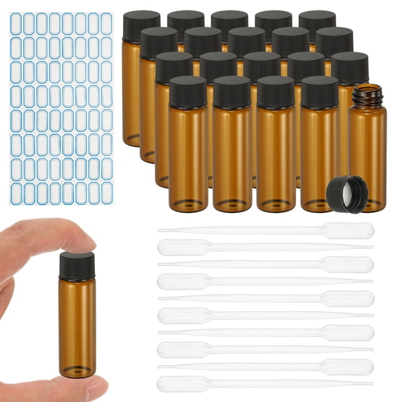 Uxcell 20Pcs Glass Sample Vials, 15ml Clear Brown Liquid Sample Vials Leak-Proof Storage Glass Bottles with Screw Caps Labels Droppers, Great for Lab, Essential Oil, Reagent (Clear Brown)