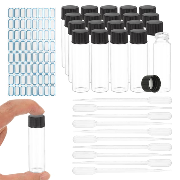 Uxcell 20Pcs Glass Sample Vials, 15ml Clear Liquid Sample Vials Leak-Proof Storage Glass Bottles with Screw Caps Labels Droppers, Great for Lab, Essential Oil, Reagent (Clear)