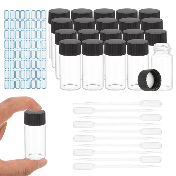 Uxcell 20Pcs Glass Sample Vials, 20ml Clear Liquid Sample Vials Leak-Proof Storage Glass Bottles with Screw Caps Labels Droppers, Great for Lab, Essential Oil, Reagent (Clear)