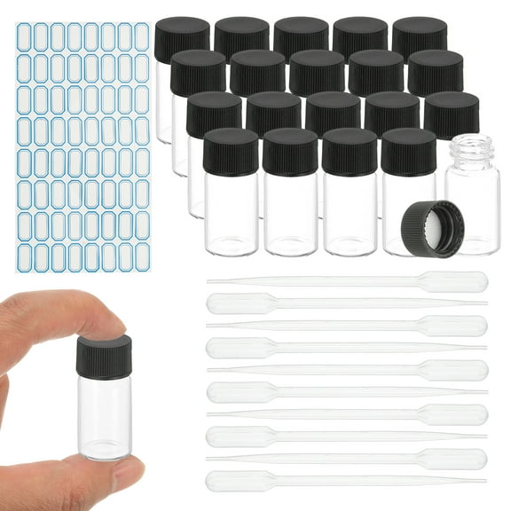 Uxcell 20Pcs Glass Sample Vials, 3ml Clear Liquid Sample Vials Leak-Proof Storage Glass Bottles with Screw Caps Labels Droppers, Great for Lab, Essential Oil, Reagent (Clear)