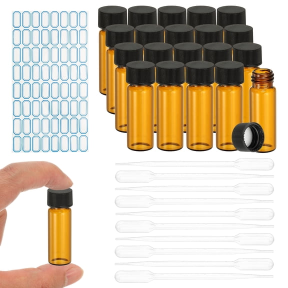 Uxcell 20Pcs Glass Sample Vials, 4ml Clear Brown Liquid Sample Vials Leak-Proof Storage Glass Bottles with Screw Caps Labels Droppers, Great for Lab, Essential Oil, Reagent (Clear Brown)