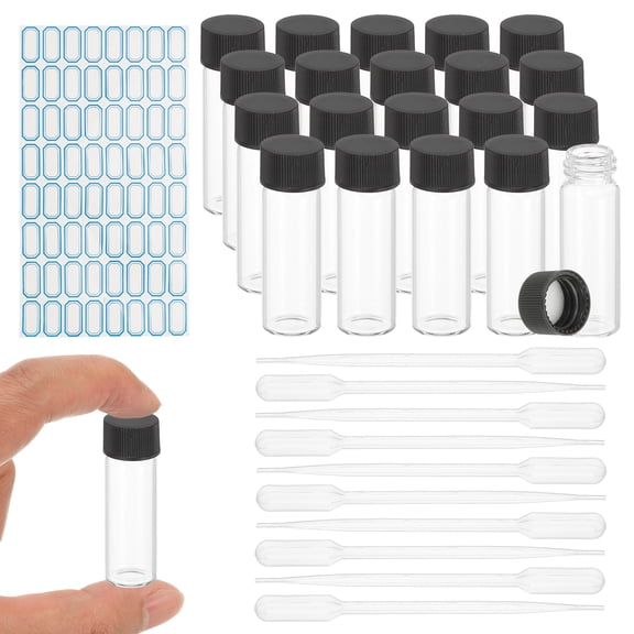 Uxcell 20Pcs Glass Sample Vials, 4ml Clear Liquid Sample Vials Leak-Proof Storage Glass Bottles with Screw Caps Labels Droppers, Great for Lab, Essential Oil, Reagent (Clear)