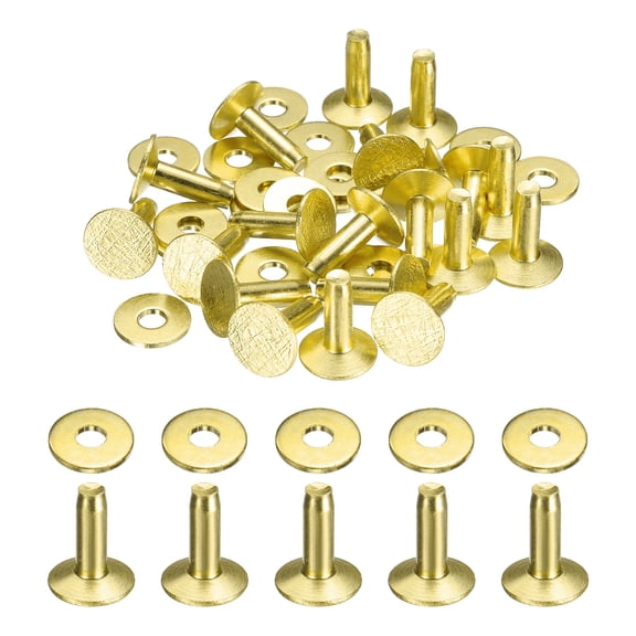 Uxcell 20Set Copper Rivets and Burrs Washers 11x4x12mm Dimpled Finish Copper Solid Leather Rivet Fastener Studs Posts for Leather DIY Craft Belts Wallets Collars, Gold Yellow