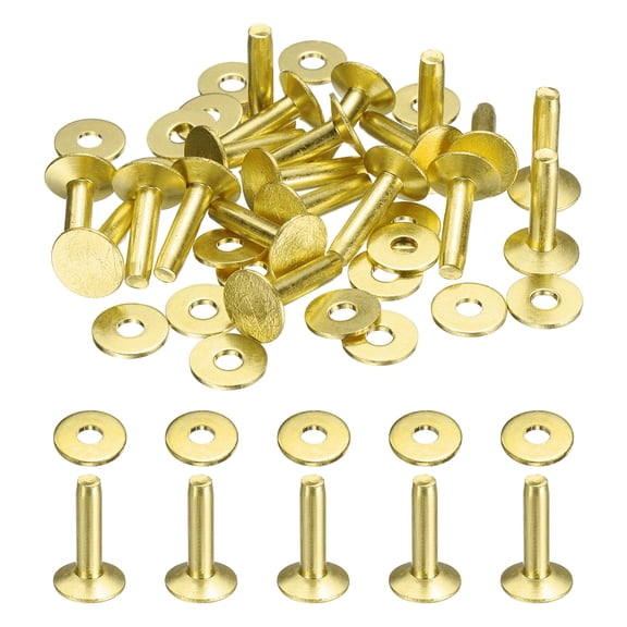 Uxcell 20Set Copper Rivets and Burrs Washers 11x4x16mm Dimpled Finish Copper Solid Leather Rivet Fastener Studs Posts for Leather DIY Craft Belts Wallets Collars, Gold Yellow
