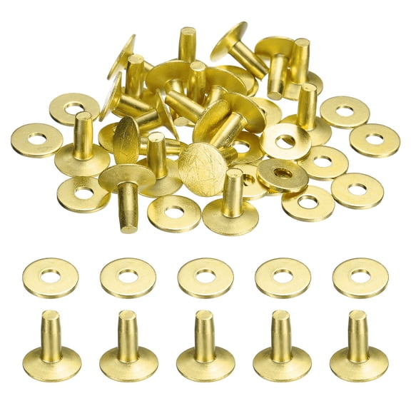 Uxcell 20Set Copper Rivets and Burrs Washers 12x4x10mm Dimpled Finish Copper Solid Leather Rivet Fastener Studs Posts for Leather DIY Craft Belts Wallets Collars, Gold Yellow