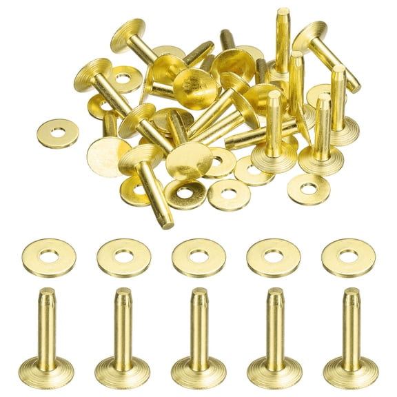 Uxcell 20Set Copper Rivets and Burrs Washers 12x4x19mm Dimpled Finish Copper Solid Leather Rivet Fastener Studs Posts for Leather DIY Craft Belts Wallets Collars, Gold Yellow