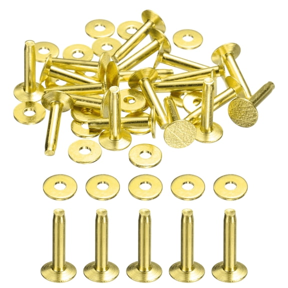 Uxcell 20Set Copper Rivets and Burrs Washers 9x3.3x17mm Dimpled Finish Copper Solid Leather Rivet Fastener Studs Posts for Leather DIY Craft Belts Wallets Collars, Gold Yellow