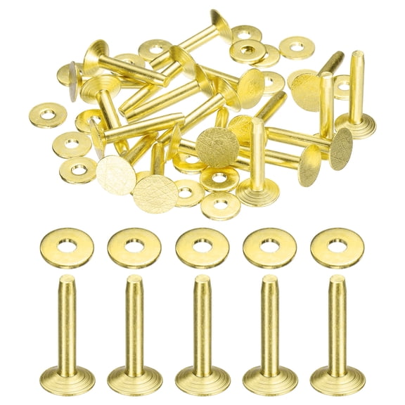 Uxcell 20Set Copper Rivets and Burrs Washers 9x3.3x19mm Dimpled Finish Copper Solid Leather Rivet Fastener Studs Posts for Leather DIY Craft Belts Wallets Collars, Gold Yellow