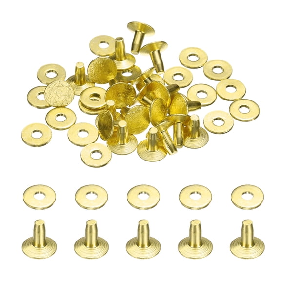 Uxcell 20Set Copper Rivets and Burrs Washers 9x3.3x7mm Dimpled Finish Copper Solid Leather Rivet Fastener Studs Posts for Leather DIY Craft Belts Wallets Collars, Gold Yellow