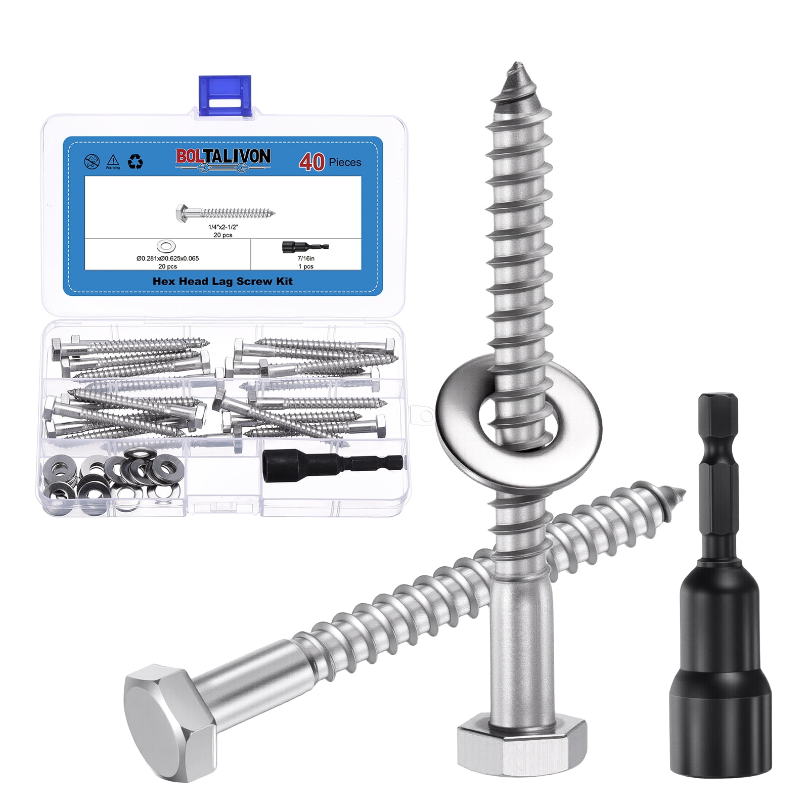 Uxcell 20Set Hex Head Lag Screw - 1/4"x2-1/2" Stainless Steel 18-8 (304) Lag Bolt Hexagon Head Heavy Duty Wood Screw Kit with Washer & Driver Bit for Wood, Deck, Fence, Furniture, Silver
