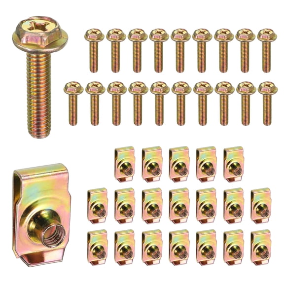 Uxcell 20Set M6 Body Bolts & U-Nuts Kit Bumper Fender Liner Push Pull Manganese Steel U Retainer Engine Fender Bolt Fastener for Most Cars Fastening Accessories
