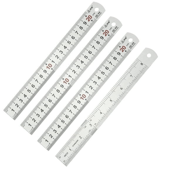 Uxcell 20cm/8" Metal Straight Ruler, 4Pcs Stainless Steel Ruler Etching Process Inch Millimeter Graduations for Measuring Engineer Construction