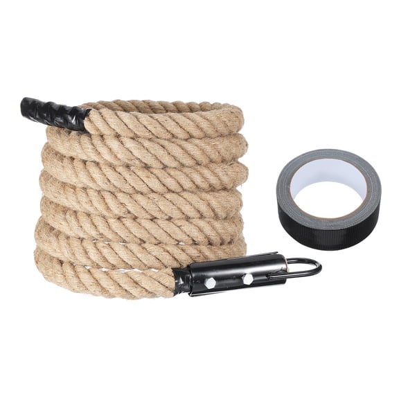 Uxcell 20ft x 1.5 Inch Heavy Jute Battle Rope Fitness Training Gym Climbing Rope with Black Metal Hook for Strength Training Exercise Workout